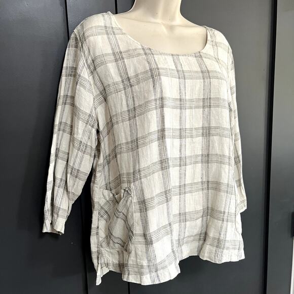 Kleen 100% Linen 3/4 Sleeve Plaid Top Boxy Cut High Low Minimalist Womens M - Picture 2 of 9